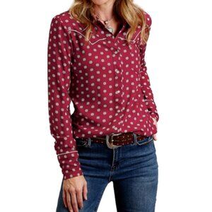 Nwt New Stetson Wine Aztec Ditzy Print Western Button Up Top Blouse Large